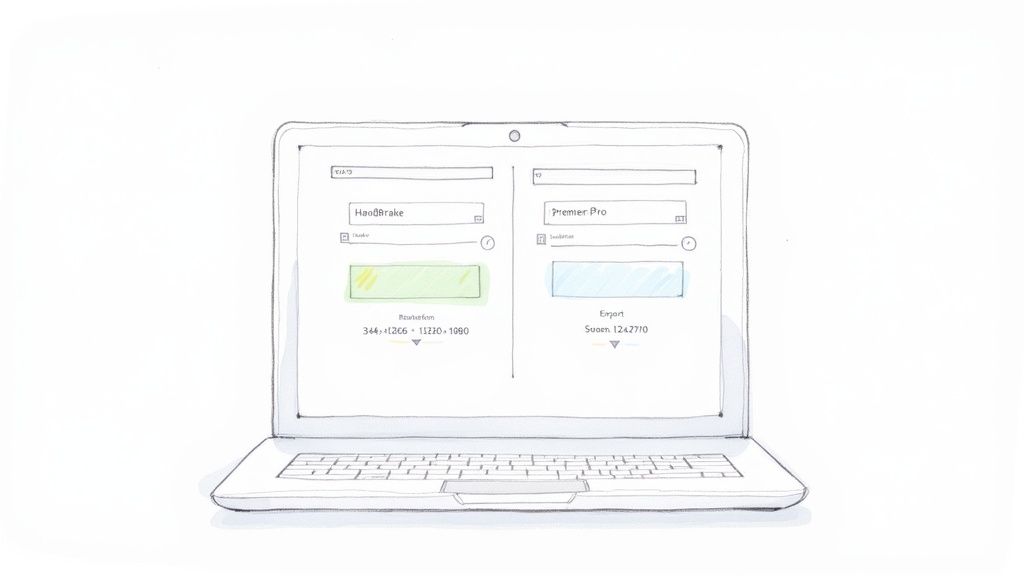 A laptop screen displaying HandBrake and Premier Pro software interfaces with video resolution and export settings.