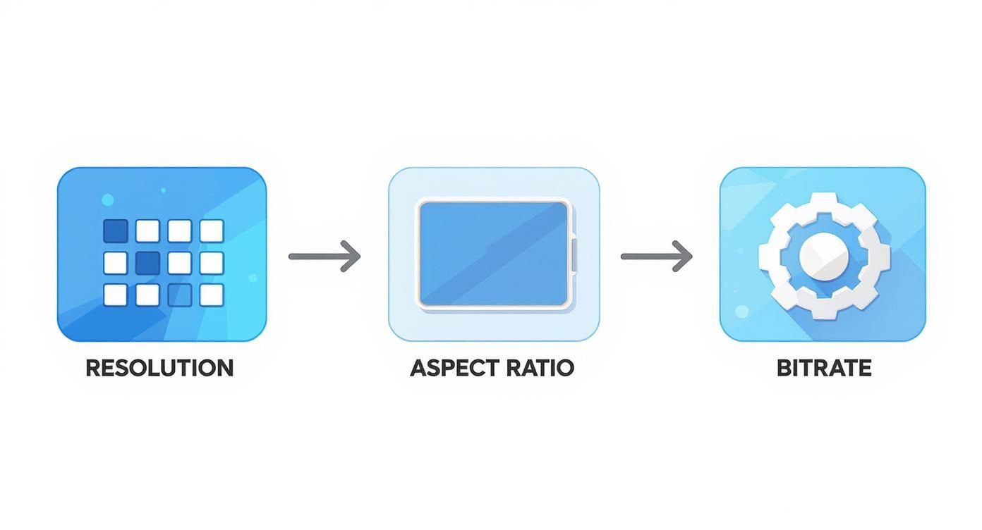 A diagram showing resolution as a grid, aspect ratio as a screen, and bitrate as a gear, connected by arrows.