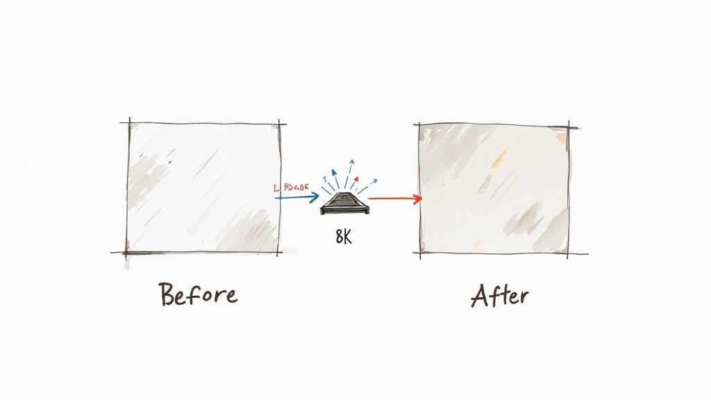 Before and after comparison showing video quality improvement using 8K resolution upscaling technology
