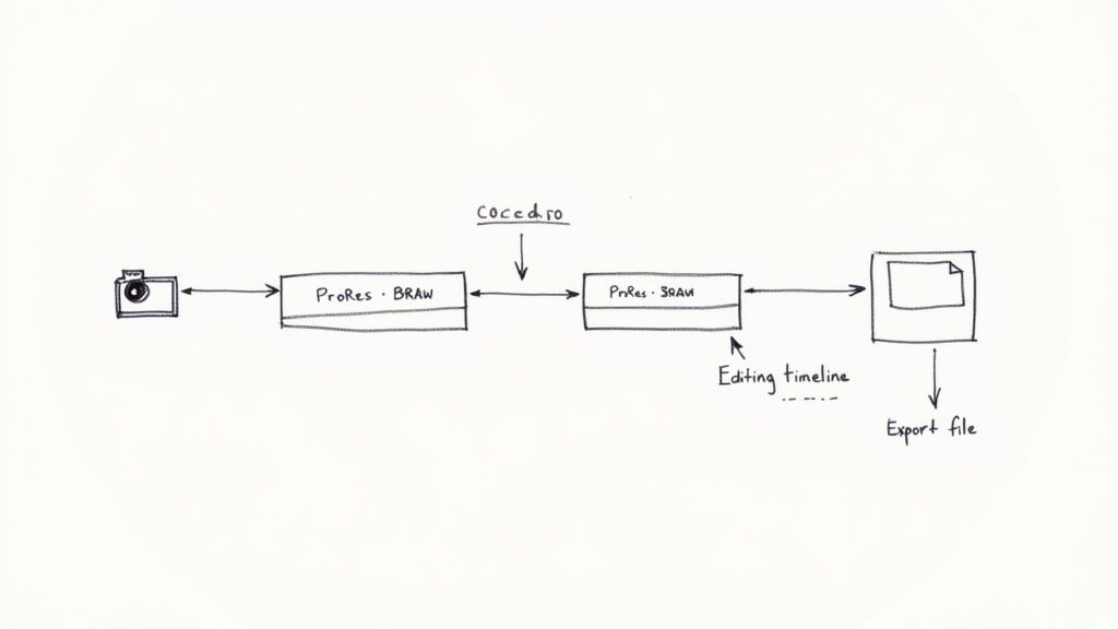Workflow diagram showing video editing process from ProRes BRAW to export file through timeline editing