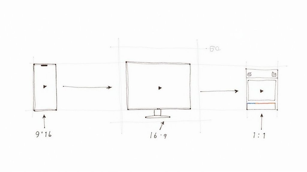Sketch illustrating video aspect ratio changes for phone, monitor, and square social media.