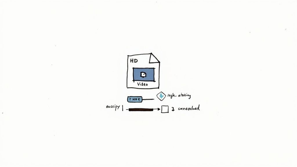 Hand-drawn diagram illustrating an HD video file, an error state, and its impact on quality, preventing upload.