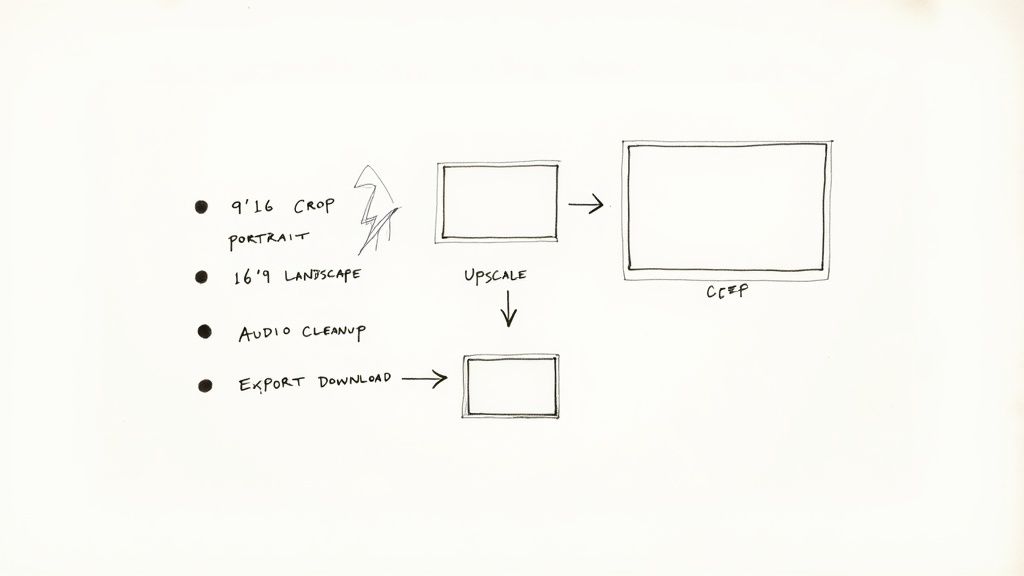 A hand-drawn workflow diagram showing steps for video editing: cropping, upscaling, audio cleanup, and export.