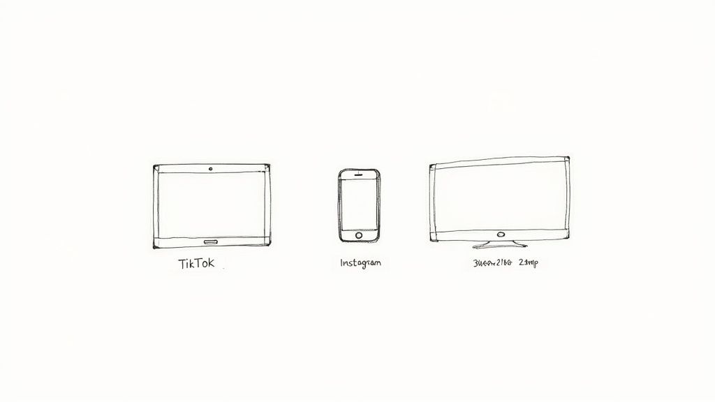 Line drawings of a tablet, smartphone, and TV, with text TikTok, Instagram, and a resolution.