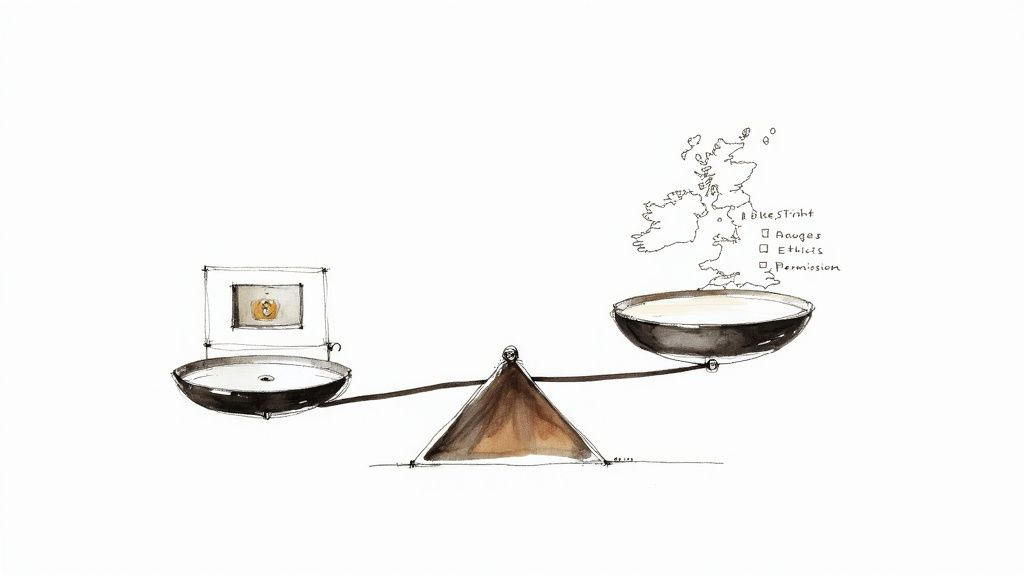 A hand-drawn balance scale weighing a framed object against a map of the British Isles and a list of ethical terms.