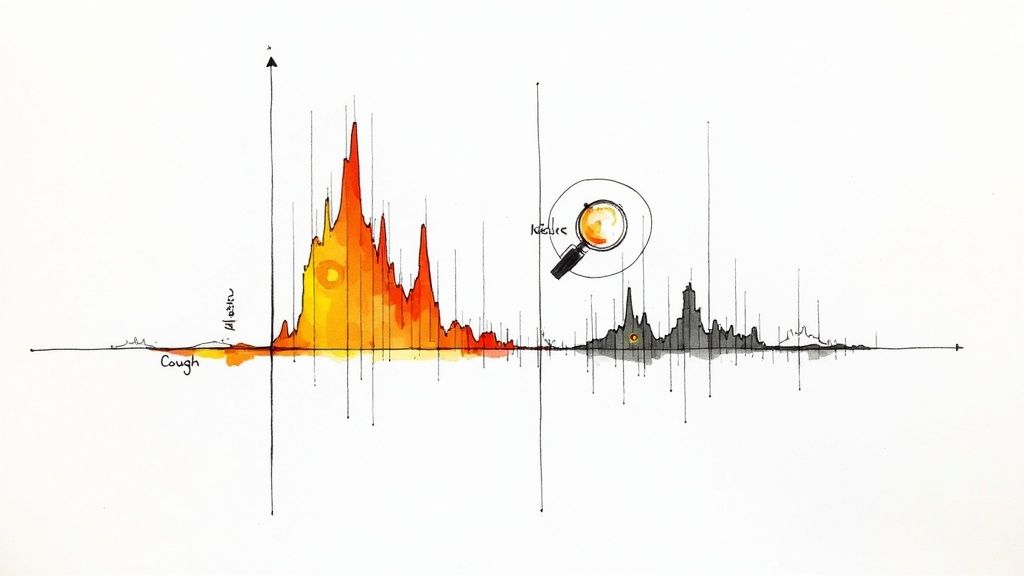 Hand-drawn graph comparing cough prevalence (orange) with data from Kielce (grey), magnified for detail.