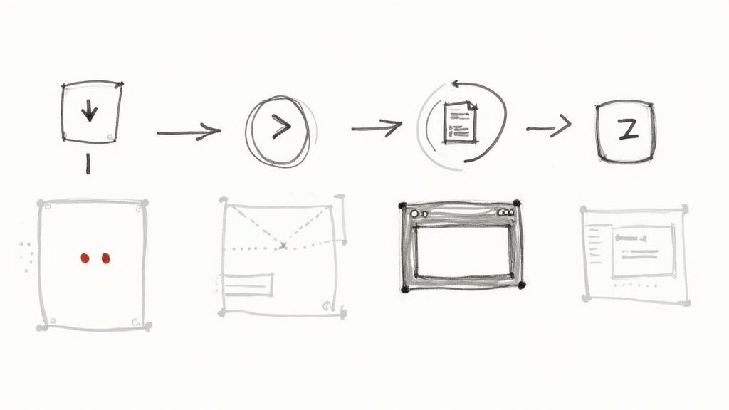 Hand-drawn diagram of a four-step process for removing watermarks from videos online.