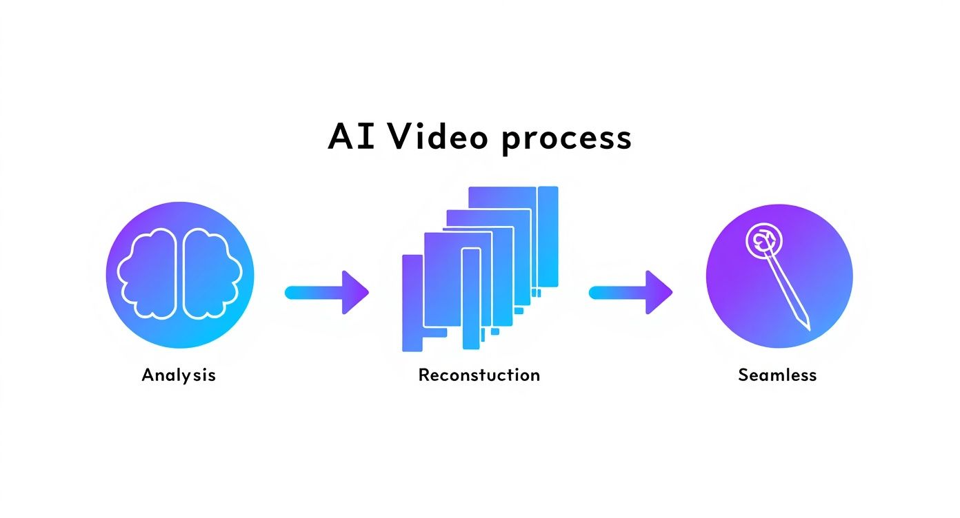 Flowchart showing the AI video process, from analysis (brain) to reconstruction and seamless output.
