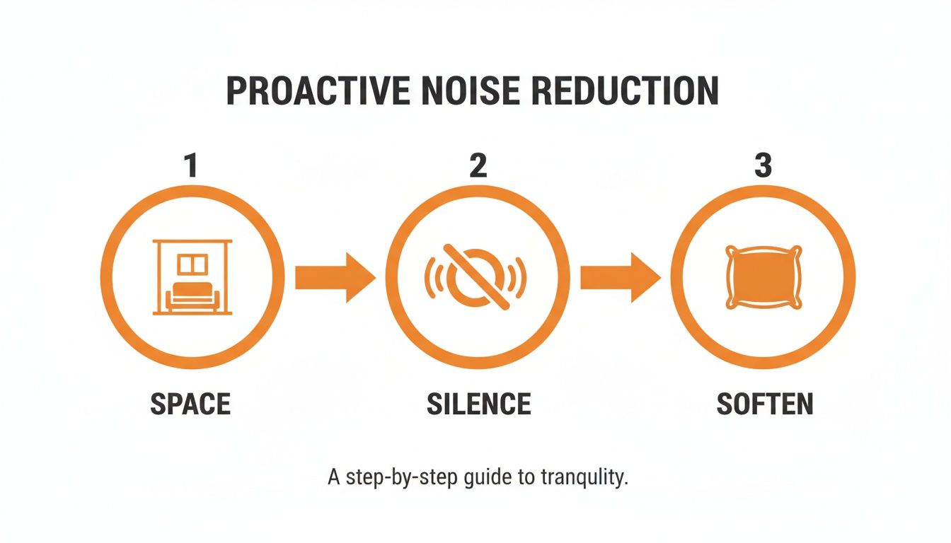 An infographic showing three steps for proactive noise reduction: Space, Silence, Soften, for tranquility.