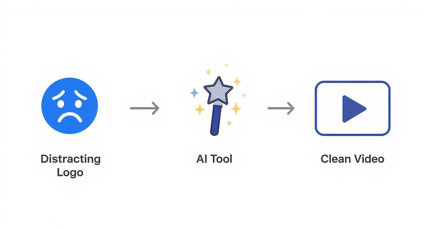 Diagram showing an AI tool transforming a video with a distracting logo into a clean video.
