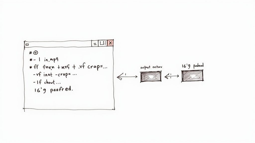 Terminal window showing FFmpeg command converting video to 16:9 padded aspect ratio with visual workflow diagram