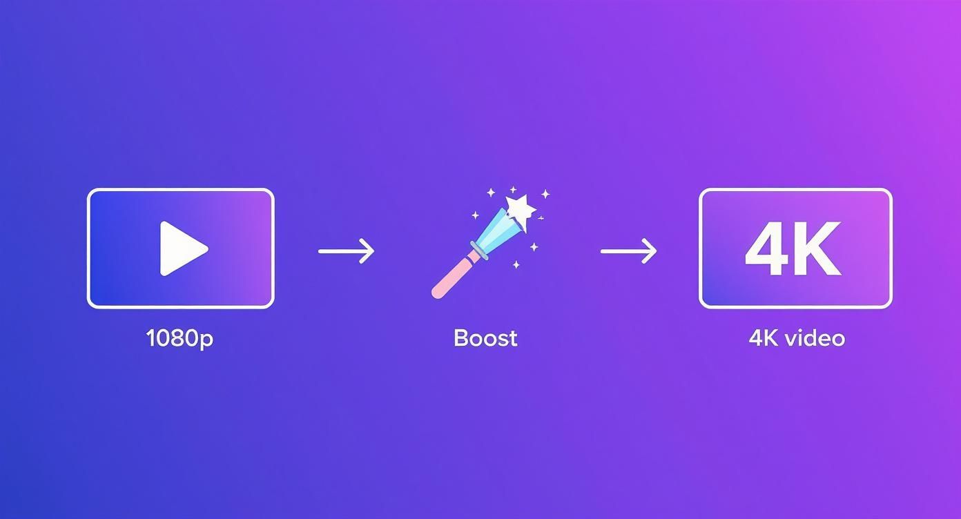 Visual diagram showing 1080p video being boosted to 4K resolution using AI enhancement technology