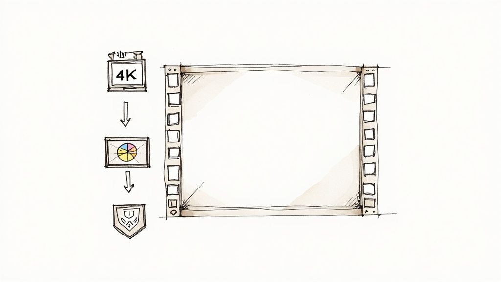 A diagram illustrating a video workflow from 4K input, through color analysis, to content protection, ending in a film frame.