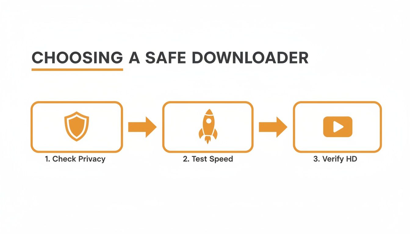 A flowchart titled 'Choosing a Safe Downloader' with three steps: Check Privacy, Test Speed, and Verify HD.