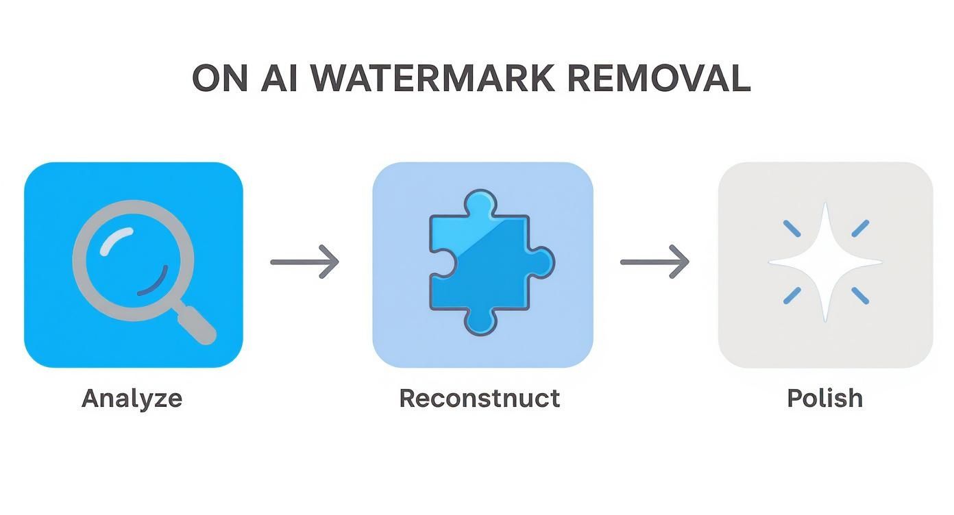 Flowchart illustrating AI watermark removal in three steps: Analyze, Reconstruct, and Polish.