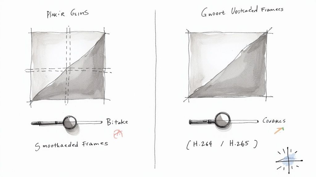 A conceptual sketch comparing video frames with different processing methods, referencing H.264 and H.265 codecs.