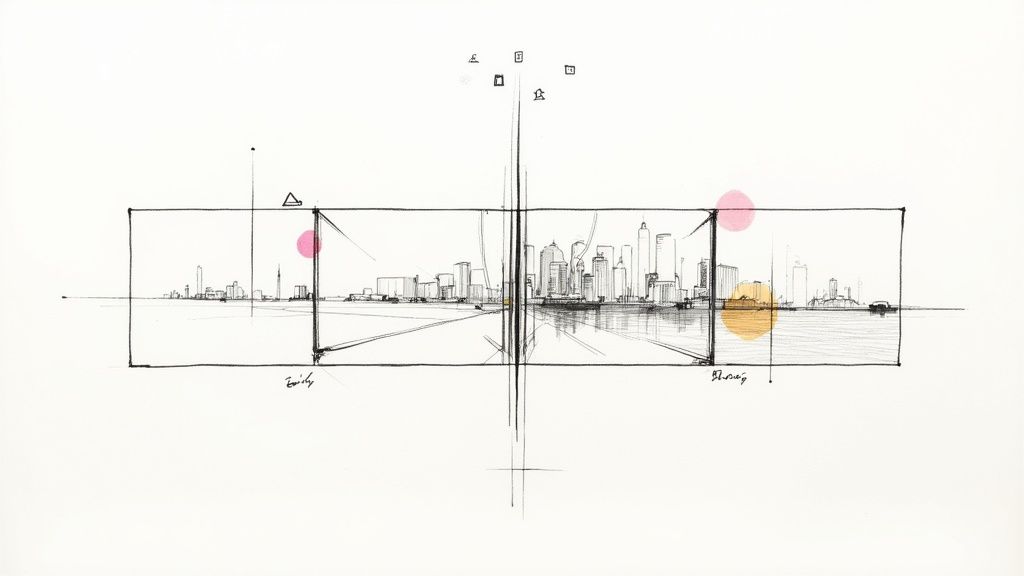 Architectural sketch of a city skyline with waterfront, framed by dividing lines and abstract circles.