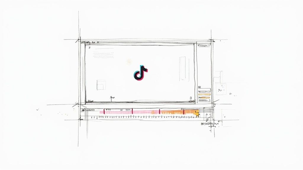 A detailed sketch of a video editing interface displaying the TikTok logo and timeline.