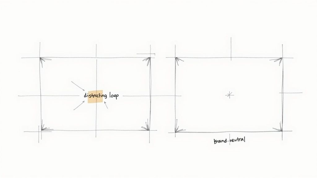 Hand-drawn comparison of a visual frame with a distracting element versus a clean, brand-neutral design.