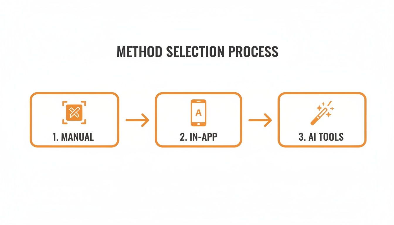 A diagram illustrating a method selection process with three steps: Manual, In-App, and AI Tools.