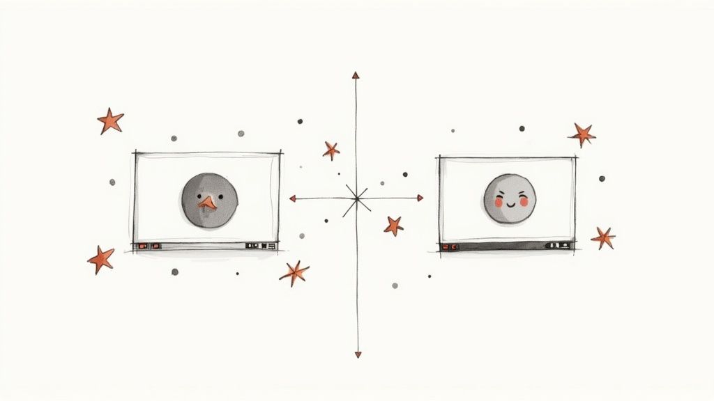 Two hand-drawn video players, one with a sad duck face, the other with a happy moon face, surrounded by stars.
