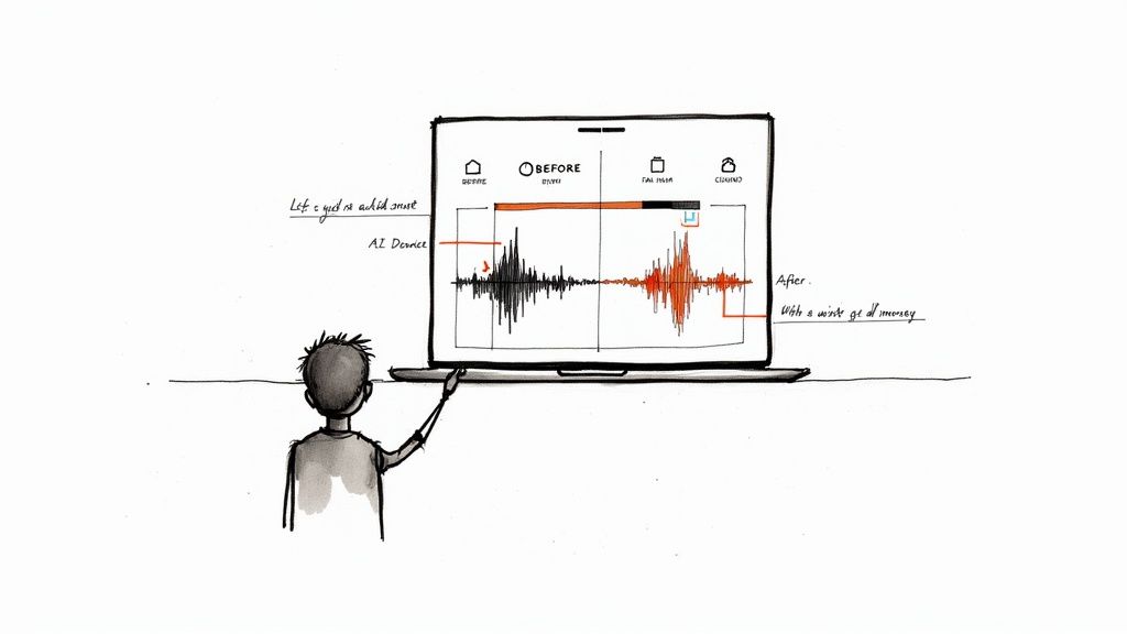 Illustration of a person interacting with a laptop displaying audio editing software with 'Before' and 'After' waveforms.