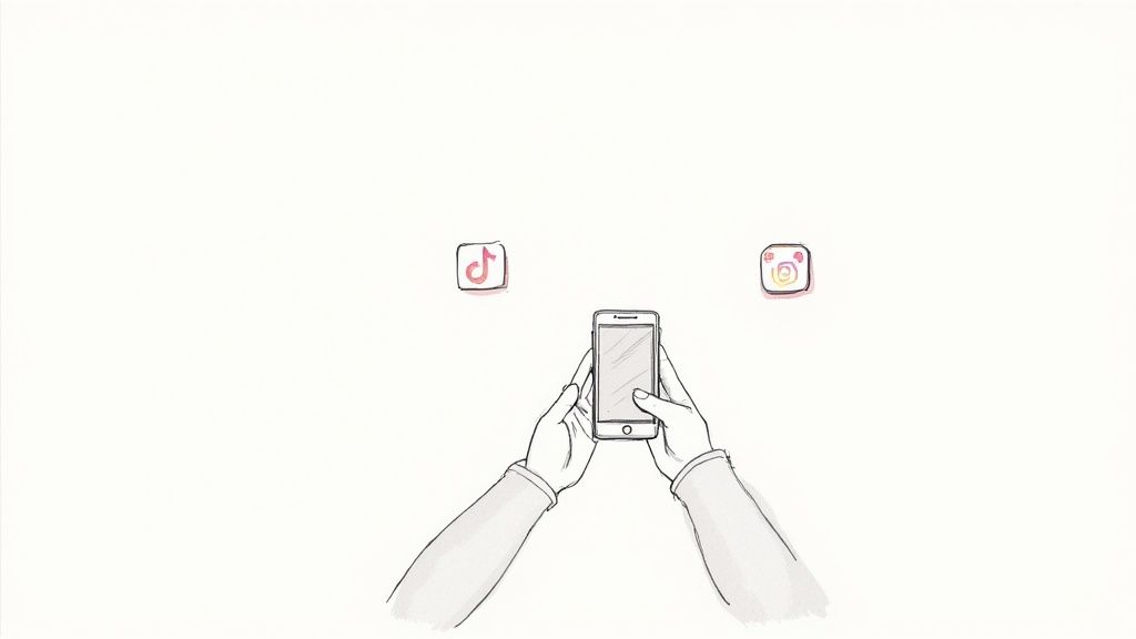 A drawing of hands holding a smartphone, with TikTok and Instagram app icons above it.