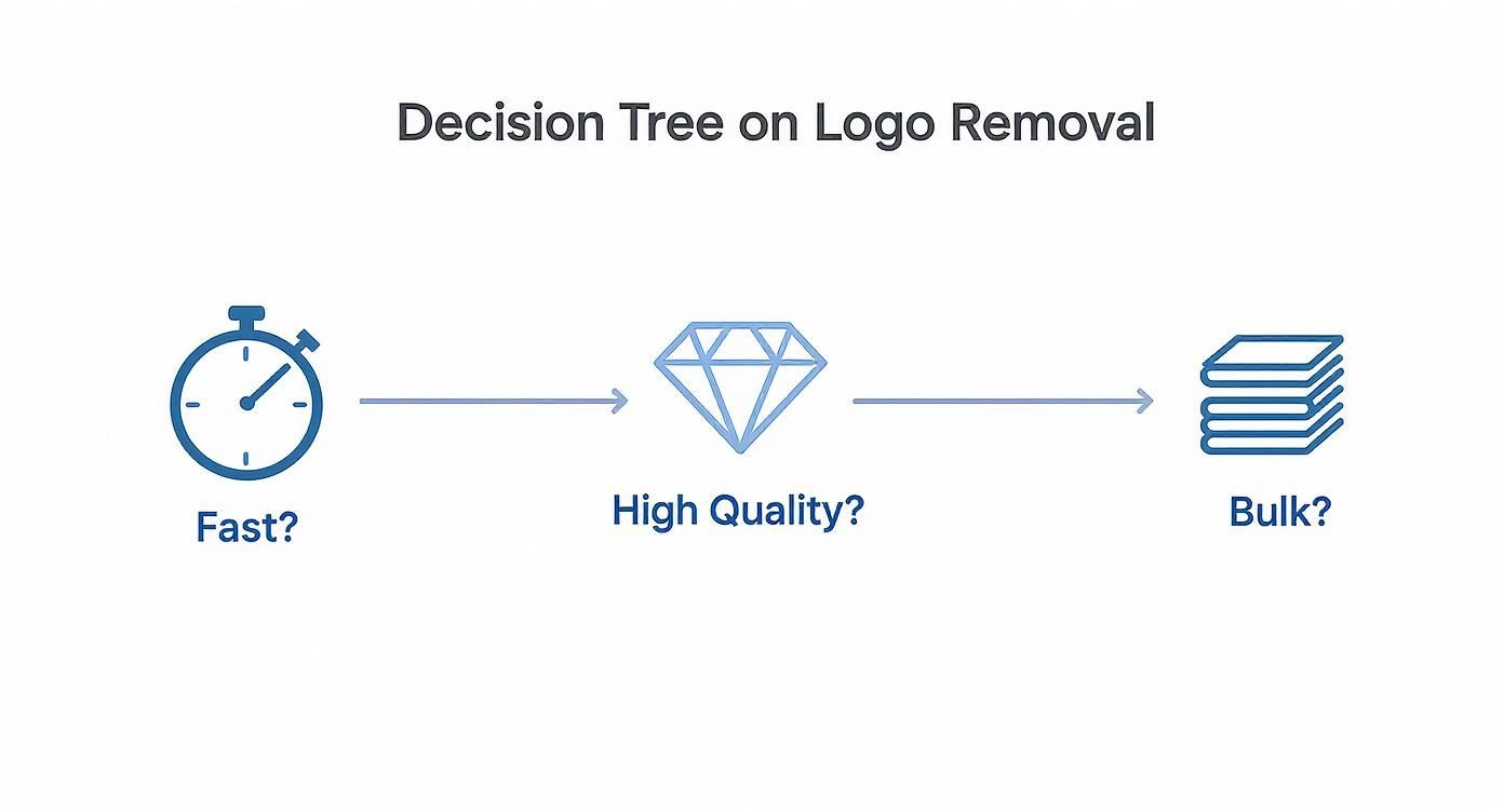 Decision tree flowchart illustrating considerations for logo removal: fast, high quality, and bulk processing.