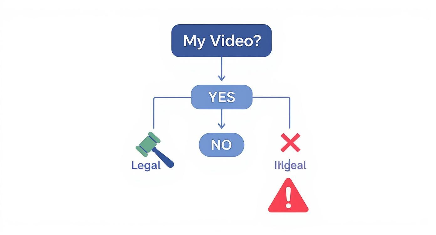 A decision tree infographic showing the legal and illegal paths for removing a video watermark.