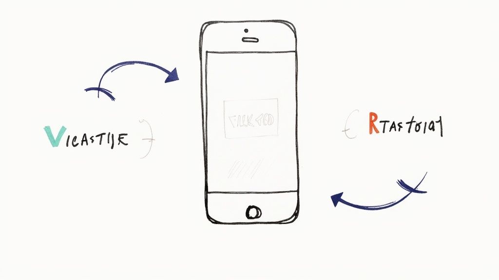 Hand-drawn smartphone with arrows showing content flow between two platforms, depicting digital media processing.