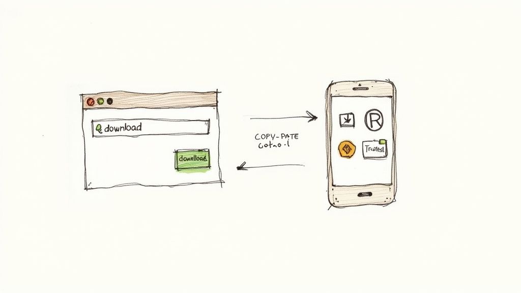 A diagram illustrates a web browser downloading content, then transferring it via copy-paste to a smartphone displaying various app icons.