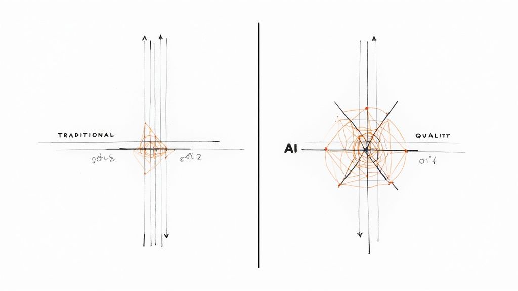 Comparison diagram showing traditional linear workflow versus AI multi-directional quality workflow with circular pattern