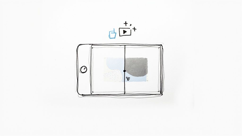 Hand-drawn sketch of a mobile device in landscape mode with a split screen interface showing abstract shapes, along with icons for video editing.
