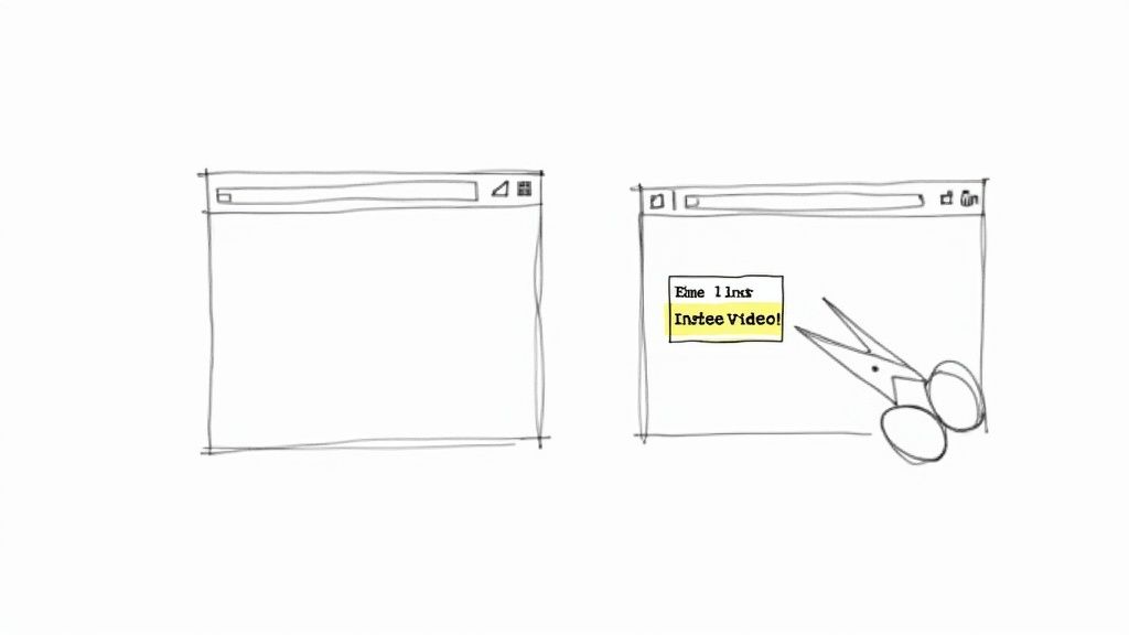 A hand-drawn sketch of two browser windows, one empty, and the other with 'Instee Video!' text being cut by scissors.