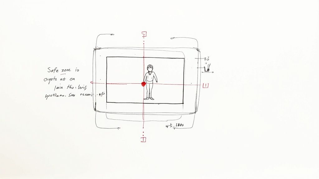 Diagram showing safe zone margins and aspect ratio guidelines for video framing with centered figure