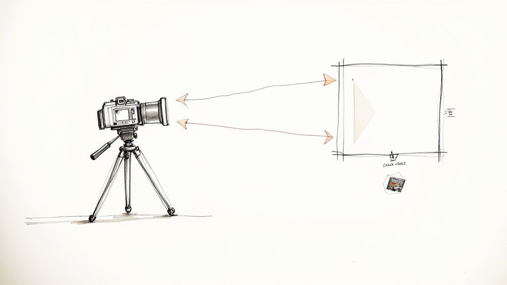 A sketch of a camera on a tripod scanning a framed area with a triangular object.