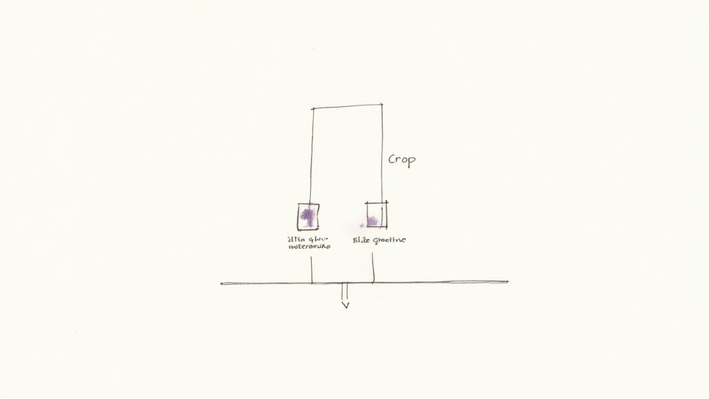 A simple ink sketch of a diagram with two vertical lines, purple splotches, and text labels.