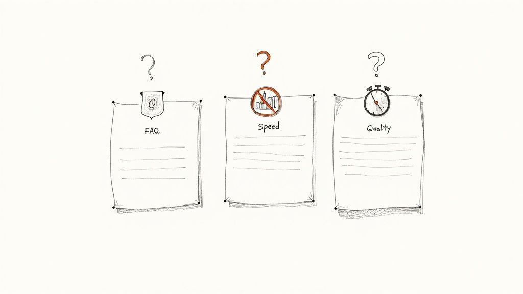 Three paper sheets with question marks above, labeled FAQ, No Speed, and Quality, representing choices.