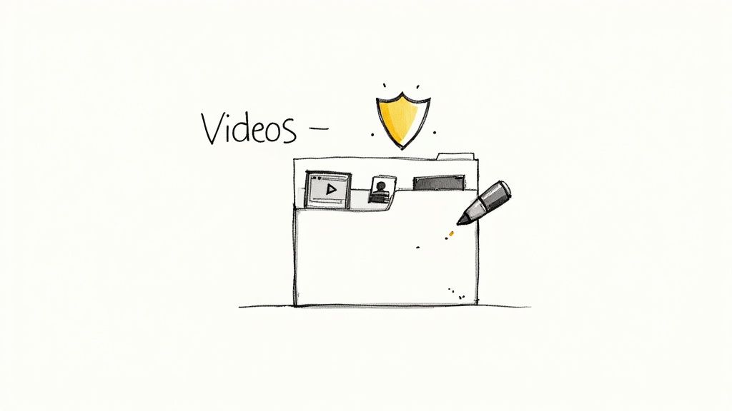 Hand-drawn illustration of a folder labeled 'Videos' with a shield icon and a pen writing.