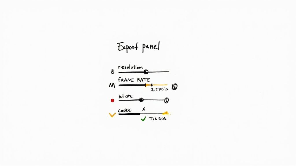 Hand-drawn export panel showing video settings like resolution, frame rate, bitrate, and TikTok preset.