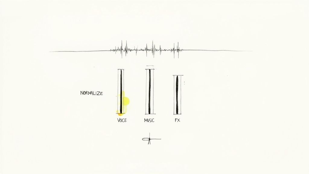 A hand-drawn illustration of audio normalization, showing a waveform and volume faders for voice, music, and effects.