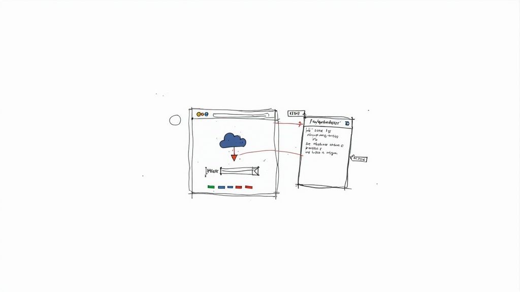 Hand-drawn sketch illustrating a file upload process and a 'Foutboodschap' error message.