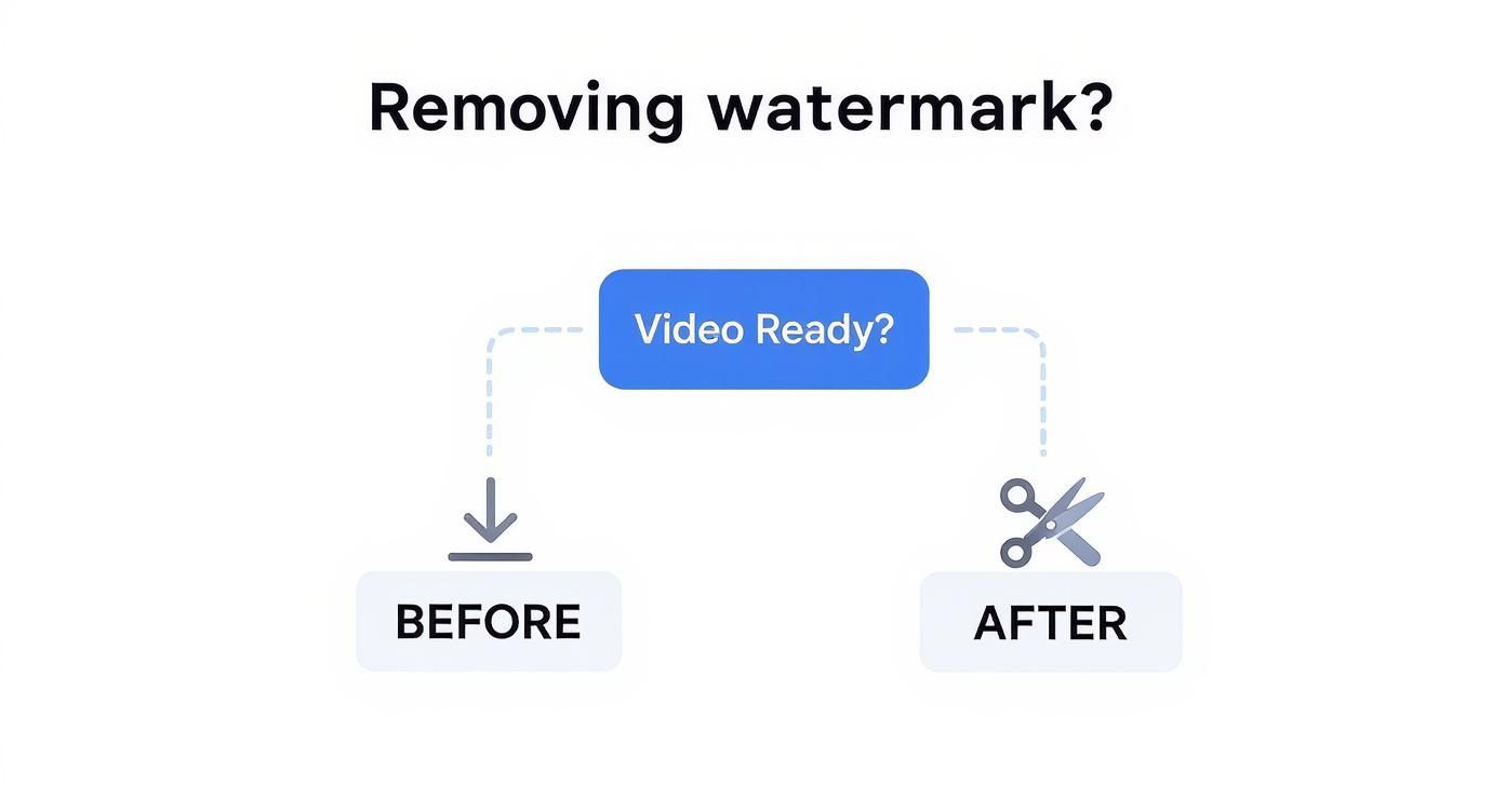 A flowchart illustrating the process of removing watermarks from a video, showing before and after steps.