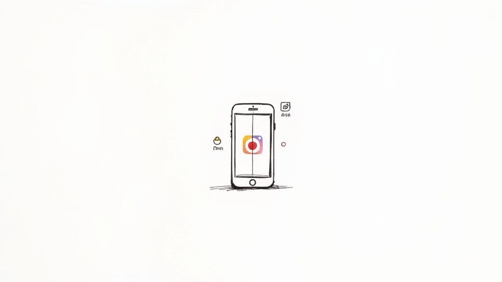 A hand-drawn sketch of a smartphone displaying the Instagram logo, surrounded by other app icons.