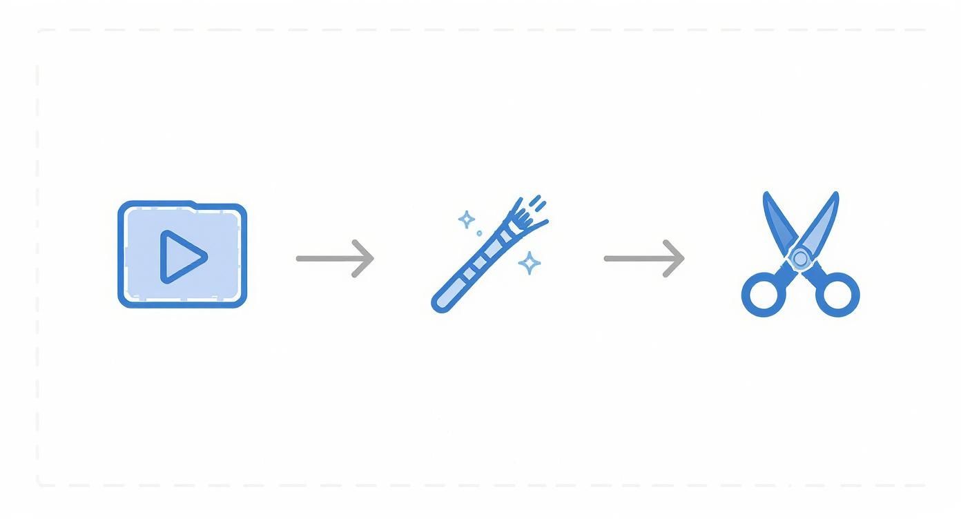 A diagram illustrating video editing: a video file leads to a magic wand for enhancement, then to scissors for cutting.