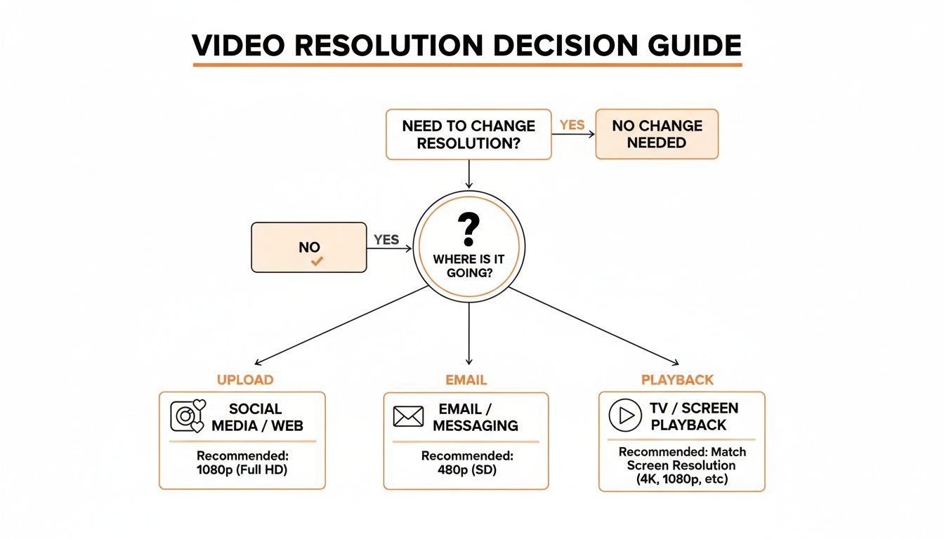 A flowchart guiding decisions on video resolution based on its intended use: social media, email, or playback.