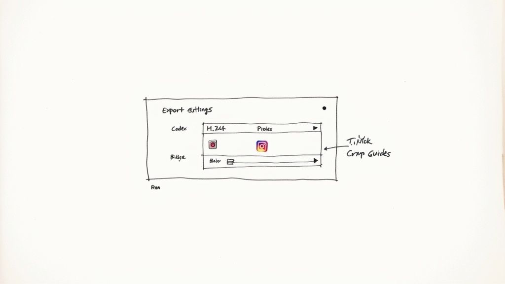 A handwritten sketch shows export settings with codec and bitrate options for social media platforms like Instagram and TikTok.
