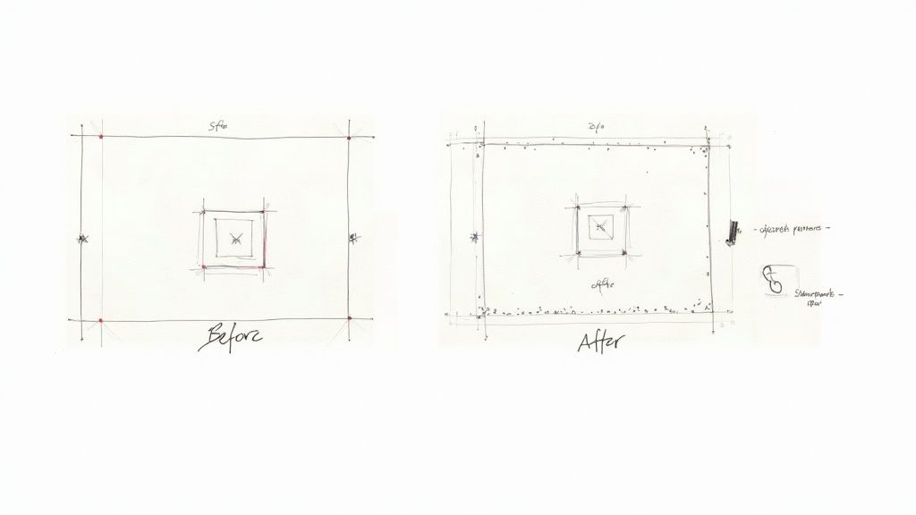Hand-drawn sketches comparing a 'Before' layout with objects and an 'After' layout with objects removed.
