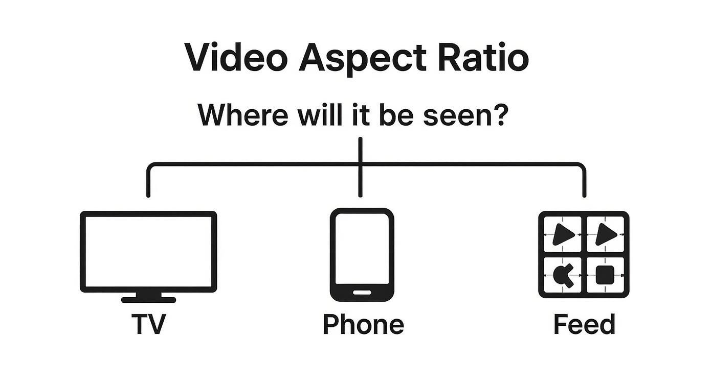 Diagram showing video aspect ratio considerations for TV, phone, and social media feed viewing