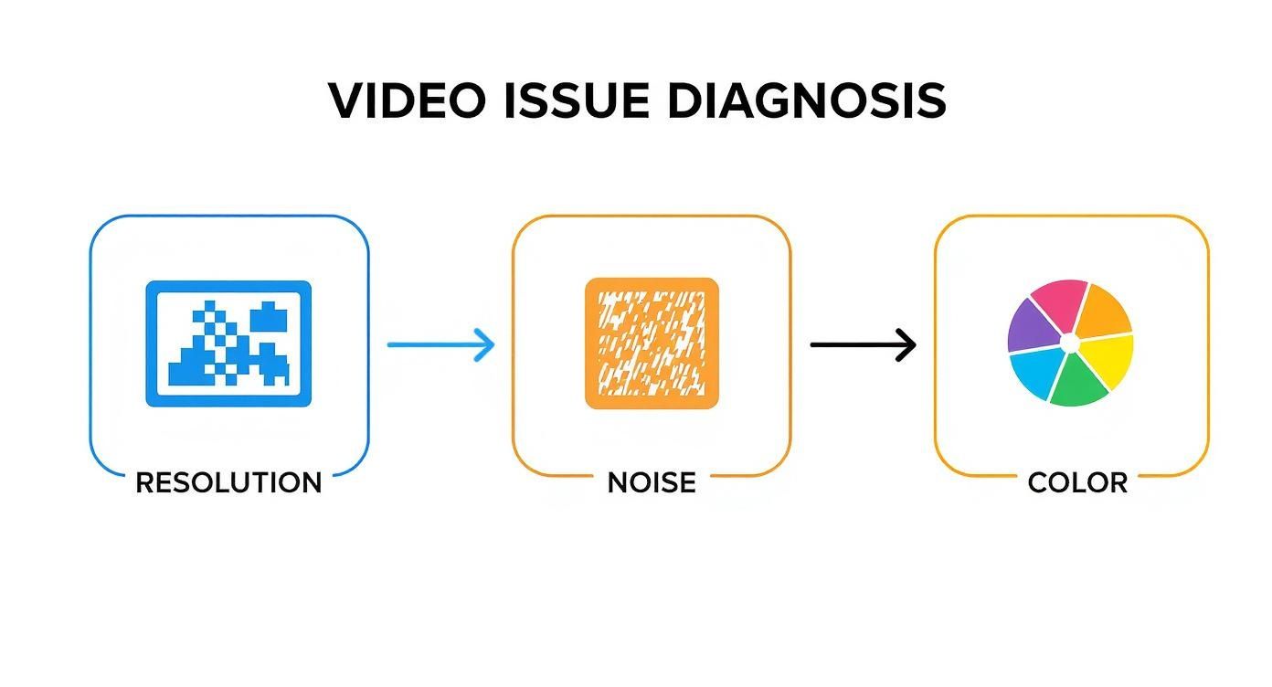 Flowchart illustrating video issue diagnosis for resolution, noise, and color with their respective icons.